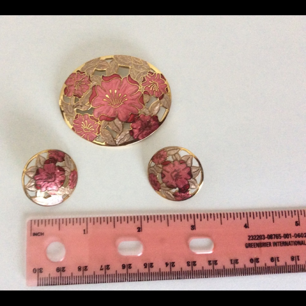 Vintage Set Brooch Earrings Gold Tone Enamel